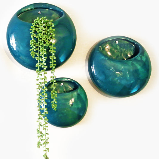Teal Ceramic Wall Pot, Set of 3 - Artisanal Finish (Set; S, M & L)