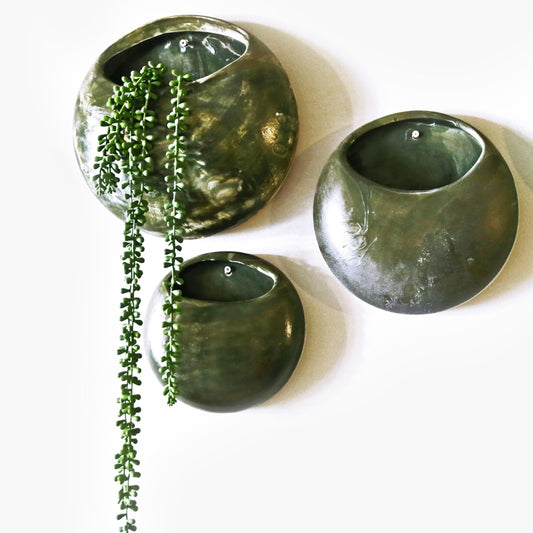 Olive + Textures- Ceramic Wall Pot Set of 3 - Artisanal Finish (Set; S, M & L)