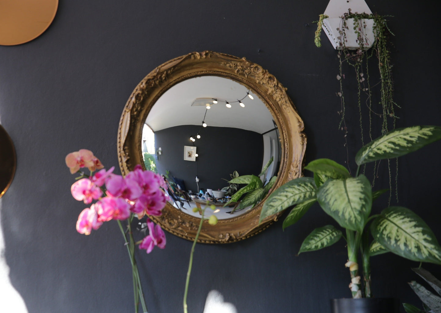 Vintage Molded Mirror Frame with Convex Exit Fisheye Mirror Upcycled