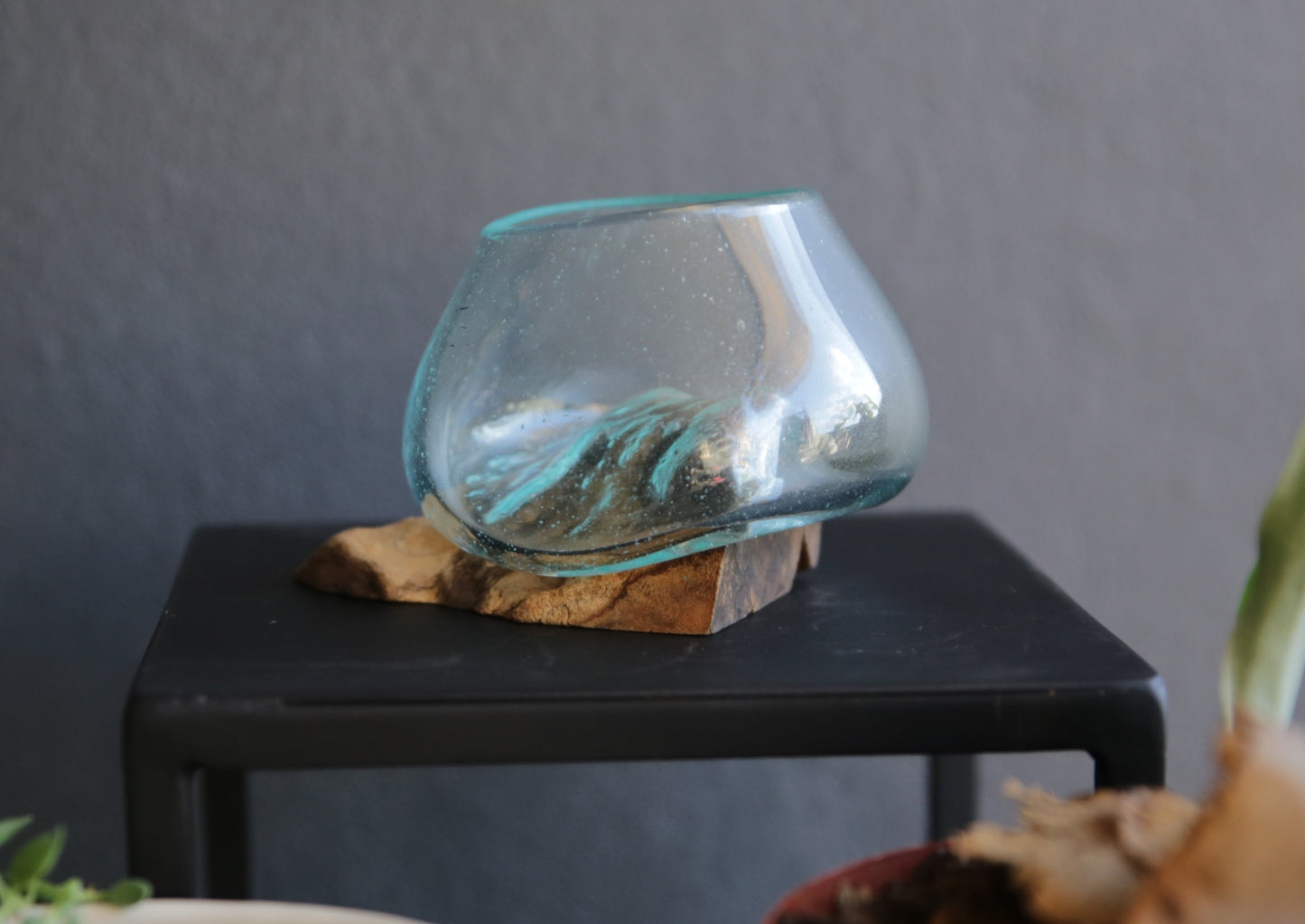 Hand-blown glass Bowl on Wooden Stand