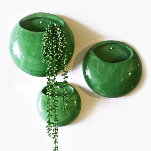 Green - Ceramic Wall Pot Set of 3 - Artisanal Finish (Set; S, M & L)