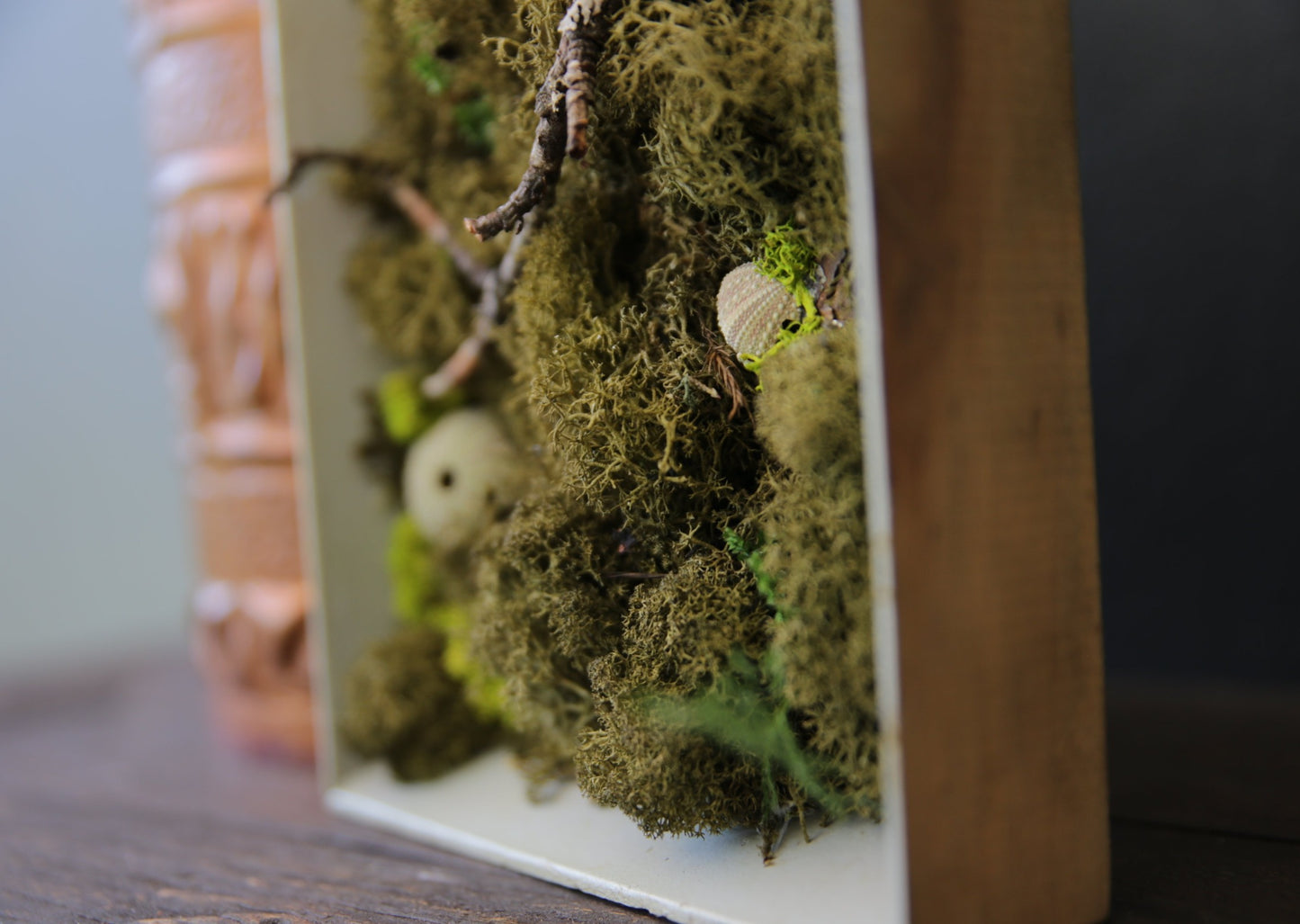 Moss Painting - Framed Picture with Ever-Moss, Forest twigs and Seashells
