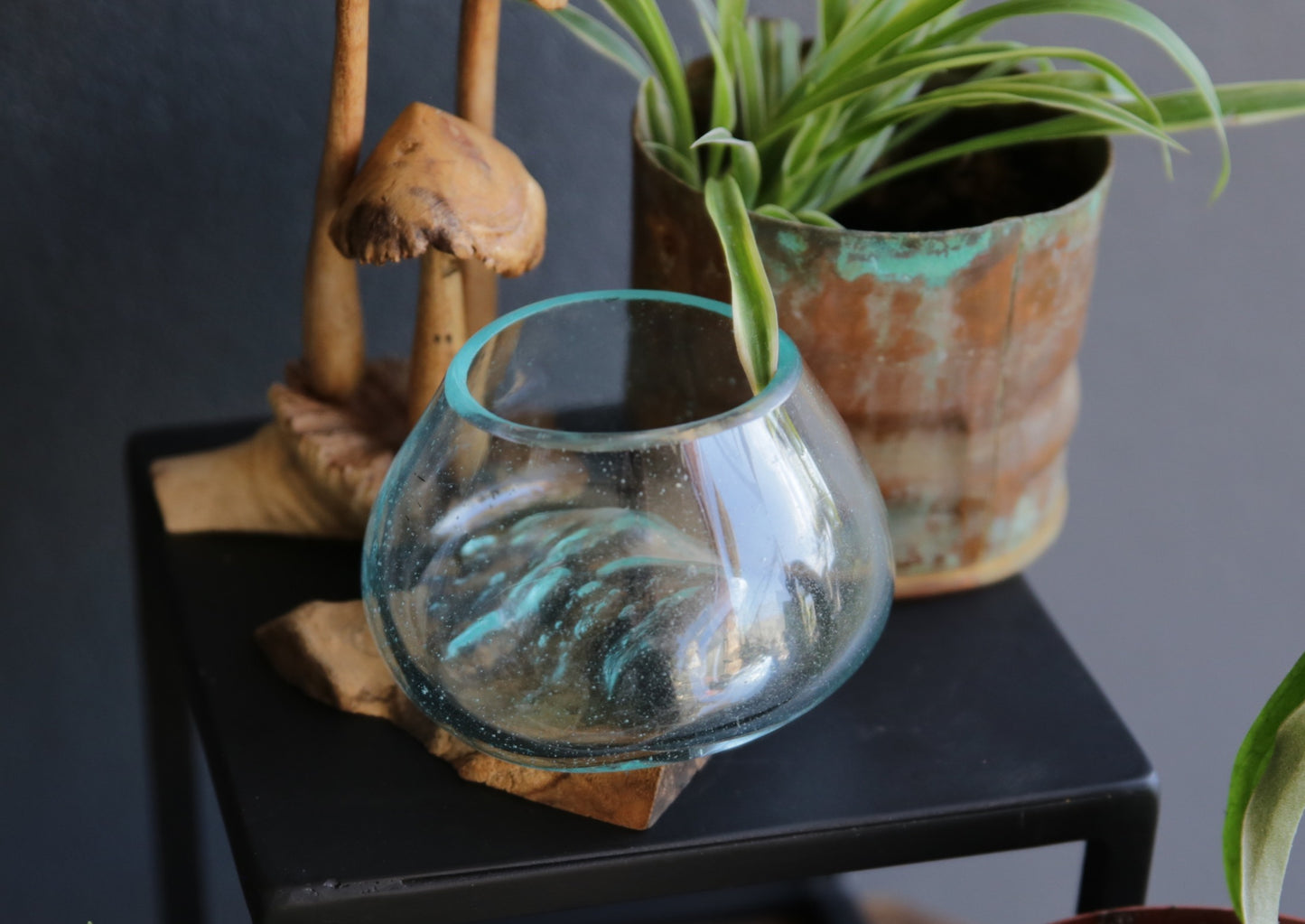 Hand-blown glass Bowl on Wooden Stand