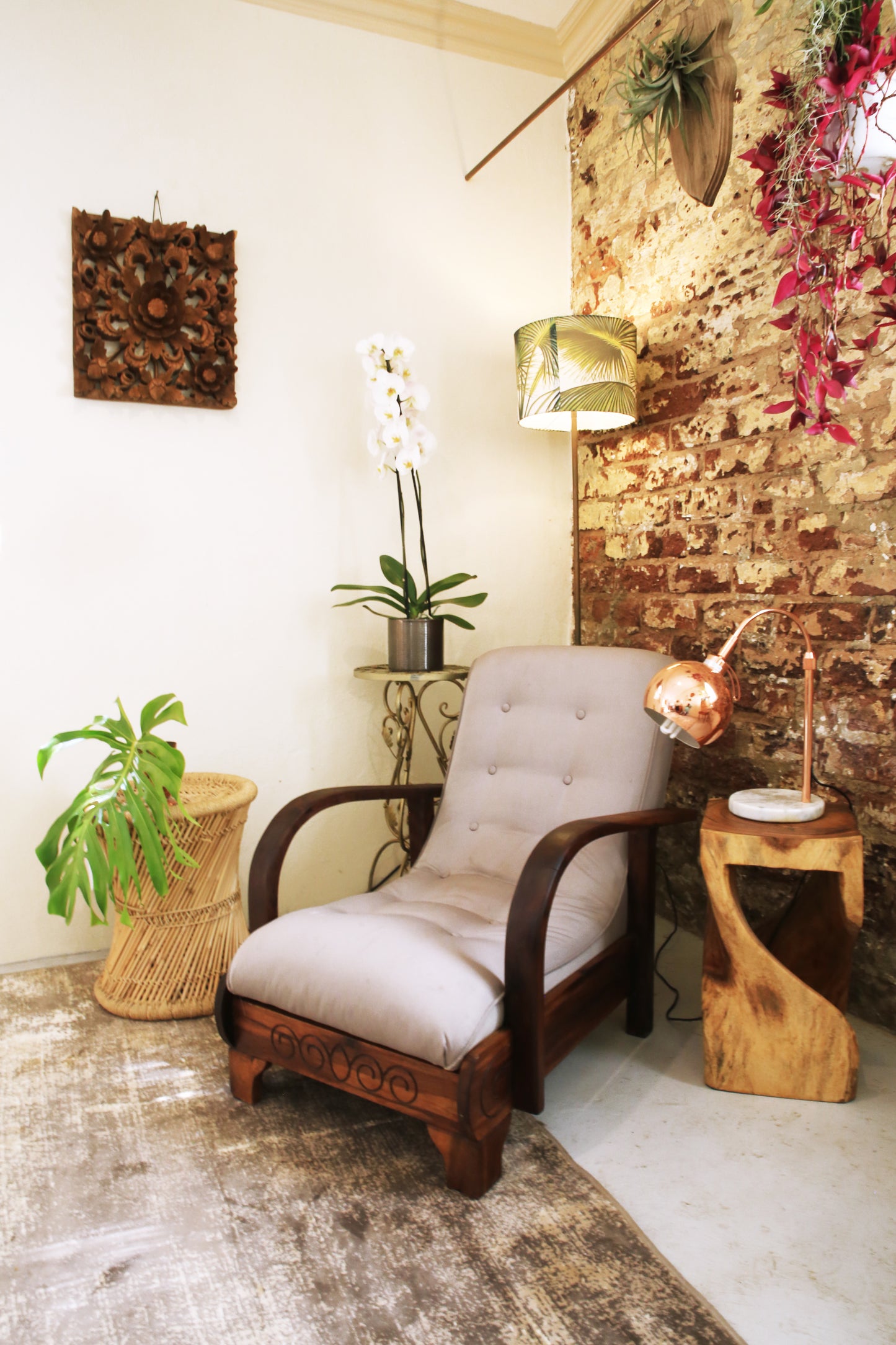 Vintage Wood & Grey Lounger Chair Event Rental