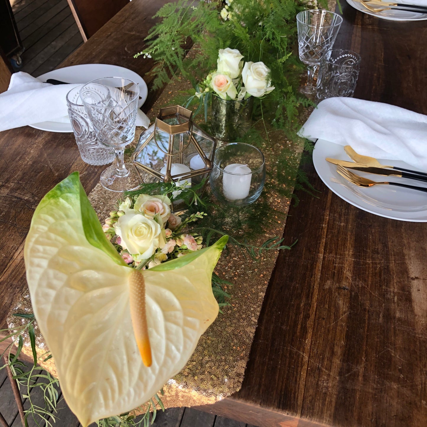 White + Gold + Greenery Table Setting